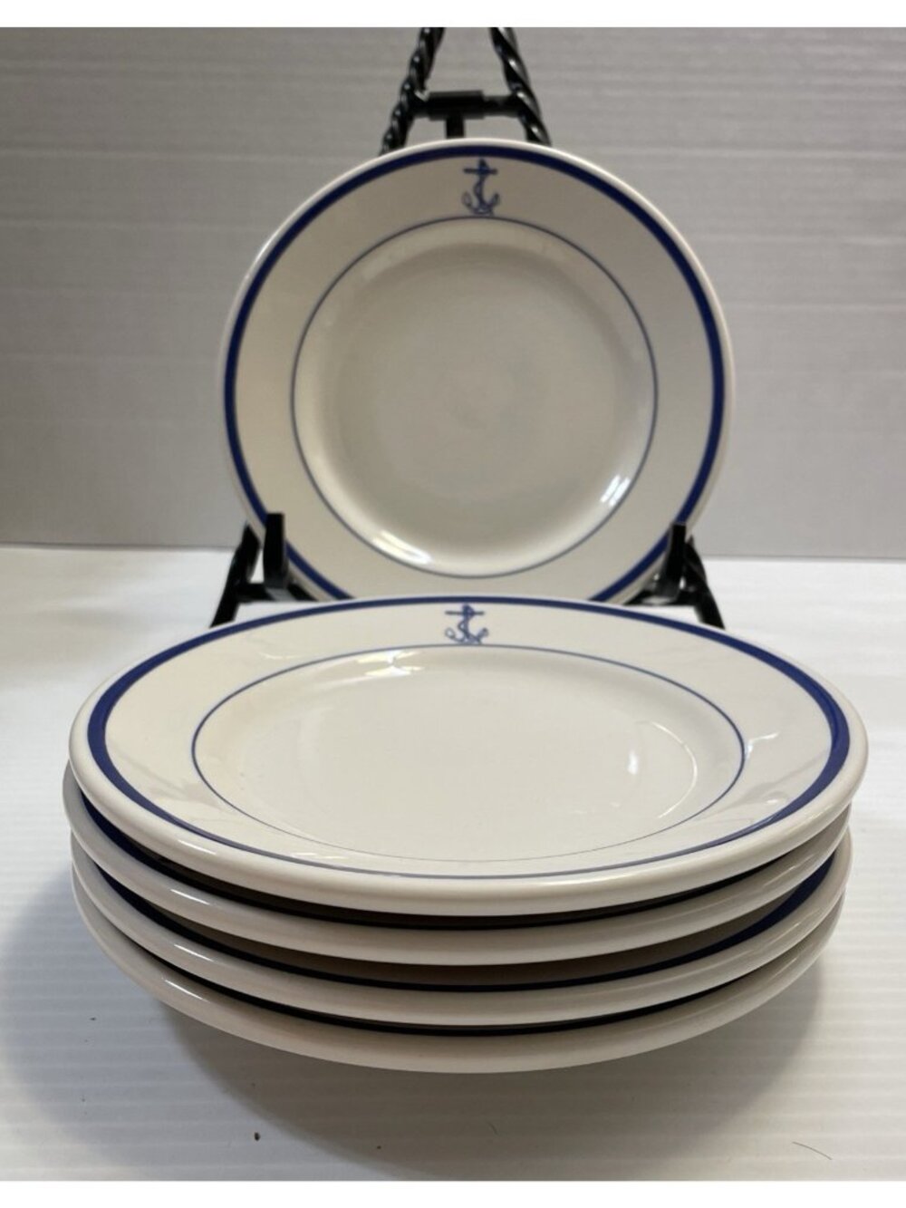 5 - US Navy Fouled Anchor 7" Bread Dessert Plates White Blue Buffalo China - EUC